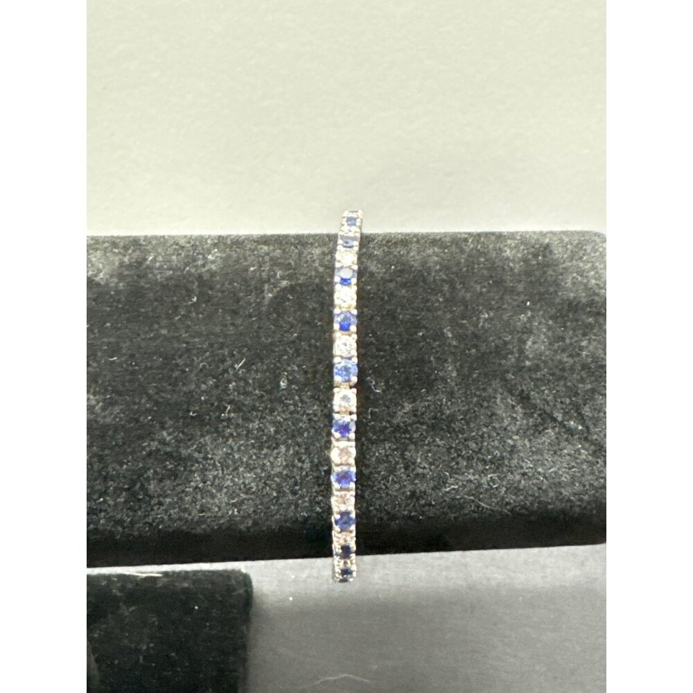 Sterling Silver  Blue Sapphire  White Stones Tennis Bracelet With Box Clasp